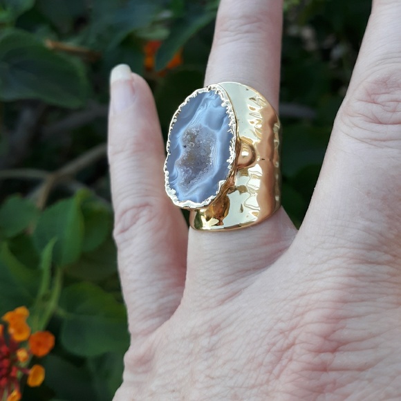 New Titanium Window Druzy Adjustable Gold Ring. - Picture 3 of 6